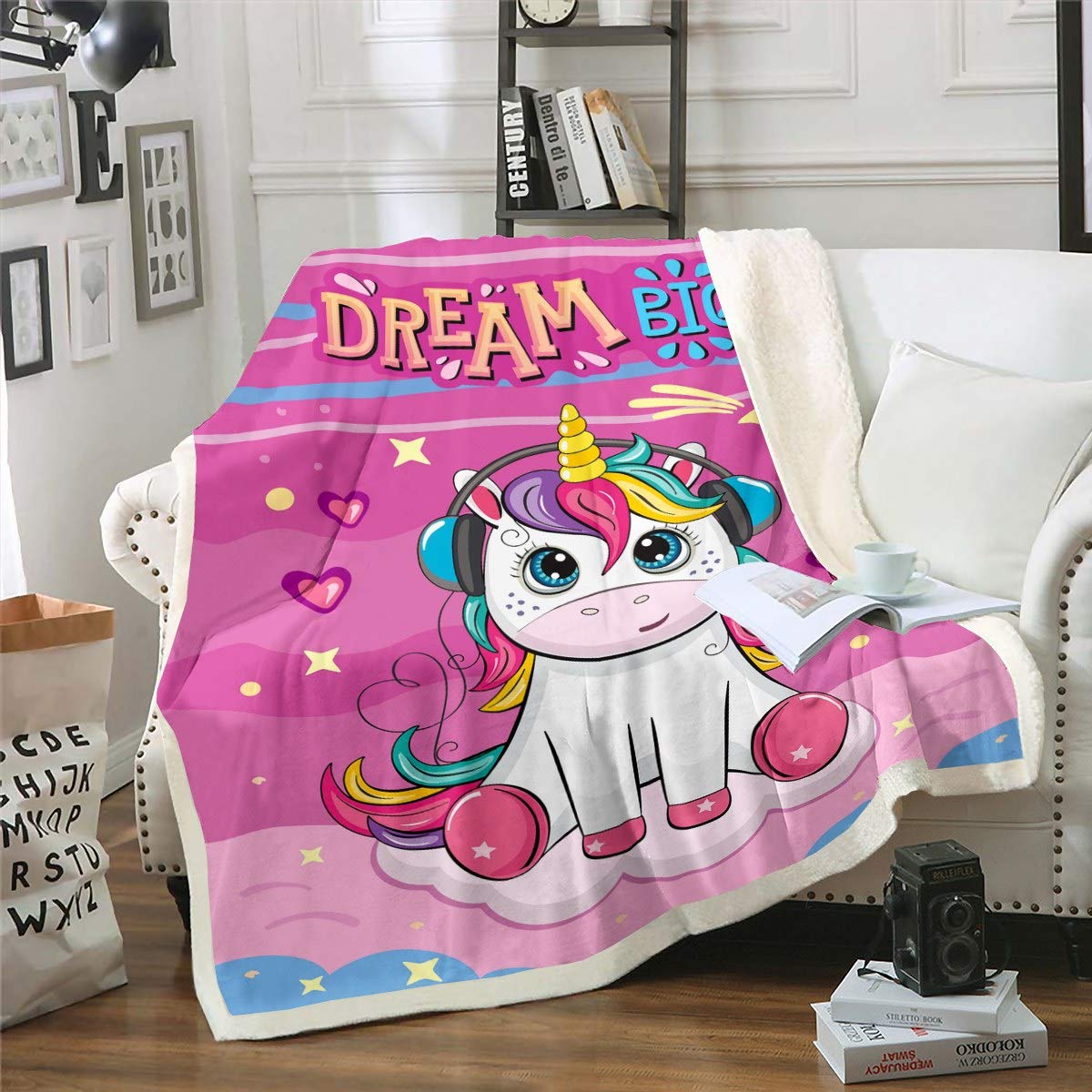 Loussiesd Girls Multi 3 Unicorn Fleece Throw Blanket Fantasty Magical Rainbow Unicorn Sherpa Blanket Print For Kids For Sofa Bed Couch Double 60X79 Inch,Pink