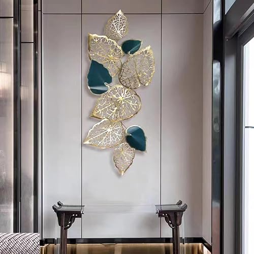 Miniatura 5 de Decoración de pared de metal para sala de estar, decoración de pared de hojas doradas, tamaño grande, 57 x 24.5 pulgadas, arte de pared de metal,