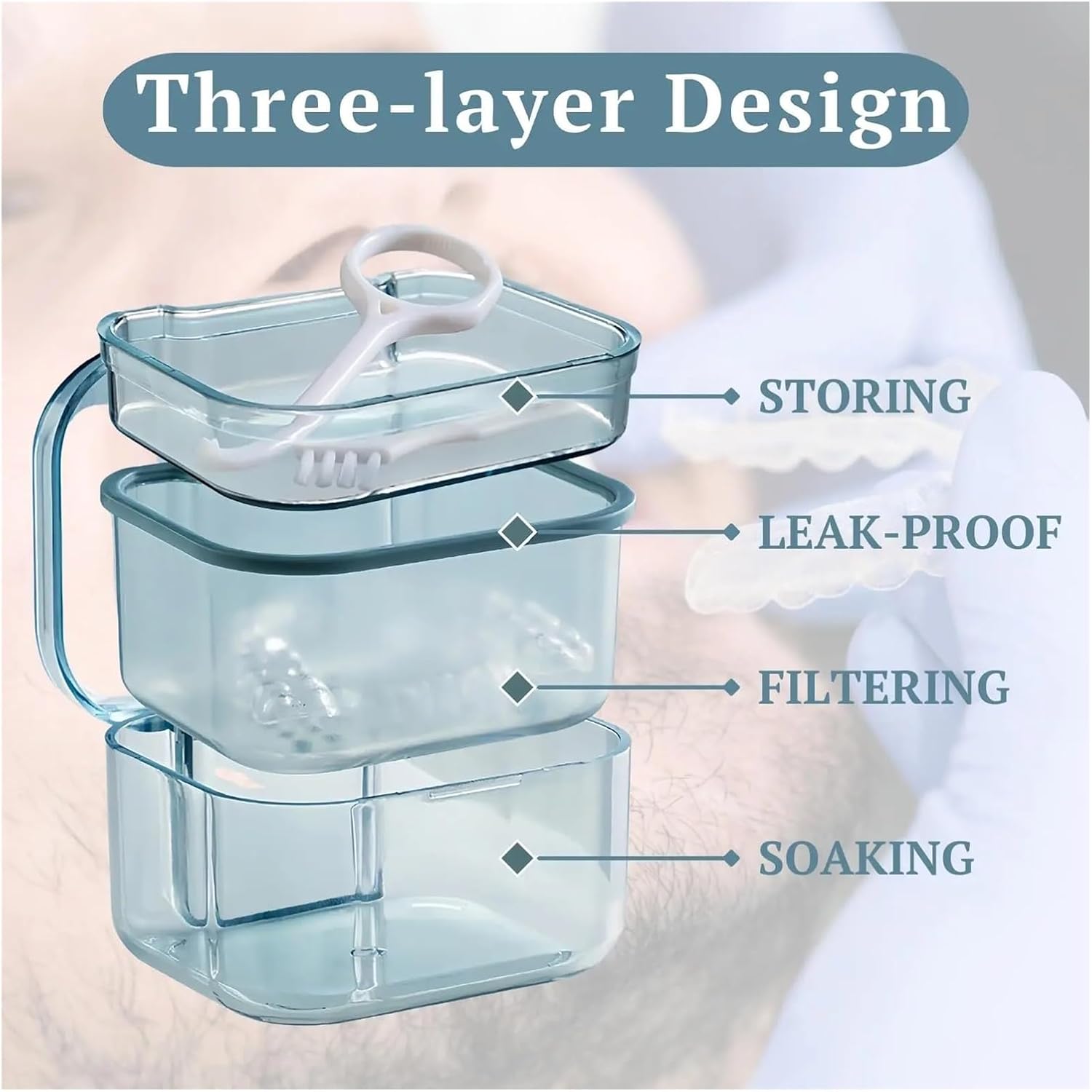 1pcs Travel Denture Bath Cleaner Cup, Leak-Proof Sealed Retainer Storage Case With Strainer Basket For Invisalign, Braces, Mouth Guards & All Removable Dental Appliances