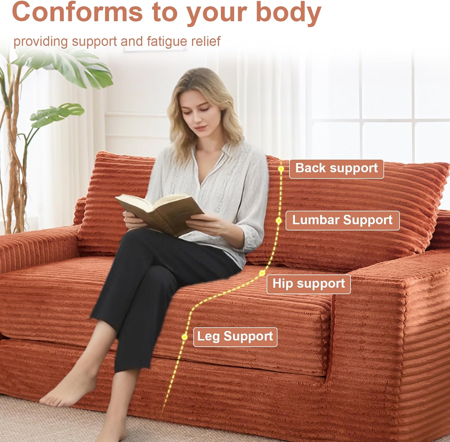 GNIXUU Corduroy Cloud Loveseat Sofa, 2 in 1 Convertible Sleeper Sofa with Fixed-Shape Frame, Comfy Folding Boneless Love Seat Couches for Living Room, Apartment, Small Spaces. Orange