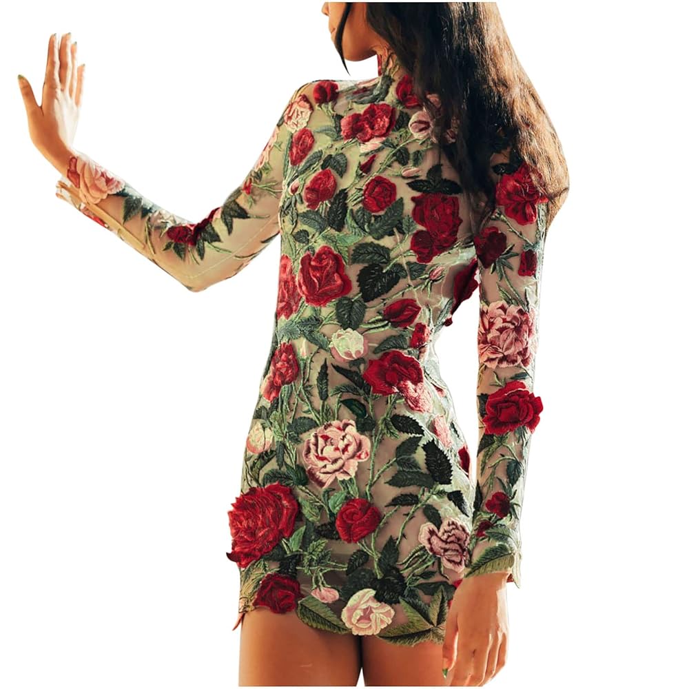 Amazon.com: Women's Floral Embroidery Mesh Round Neck Slim