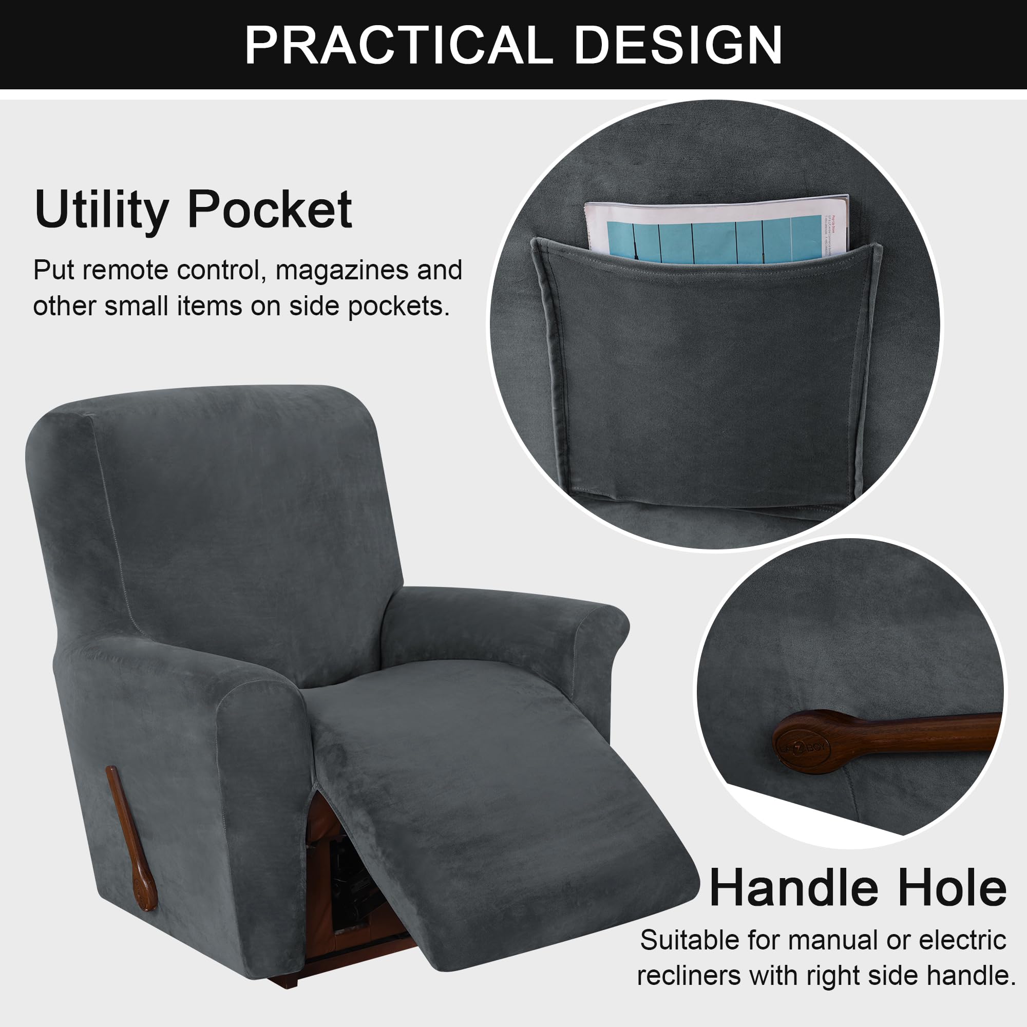 Pack de 4 Fundas de sillón Relax Extensible Terciopelo Suave, Antideslizante con Bolsillos para Brazos salón,Gris Oscuro