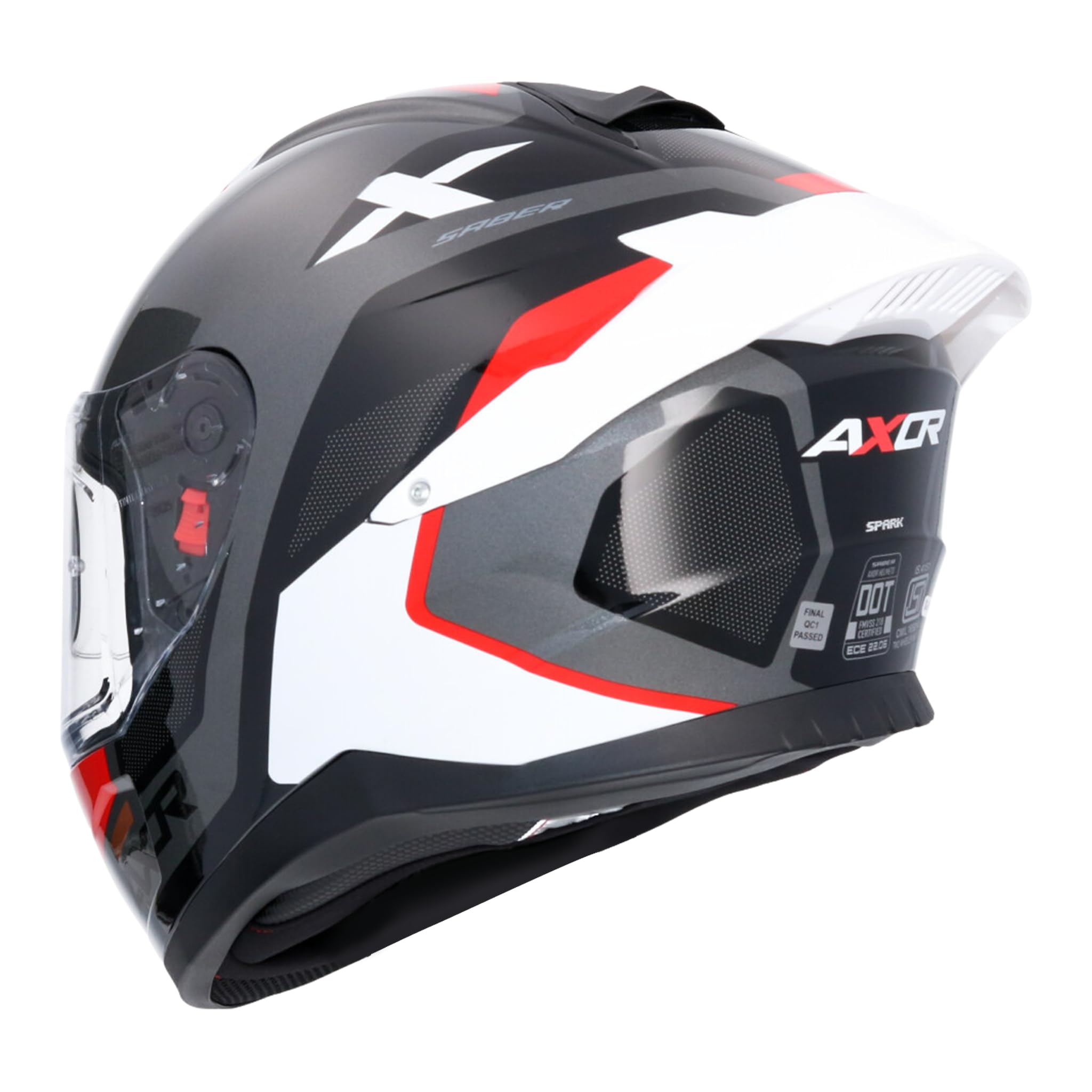 Casco de Moto Integral AXOR Saber Spark Negro y Rojo Casco Integral Deportivo para Hombre y Mujer, Diseño Aerodinámico, Cierre Micrométrico, Homologación ECE 22.06 Talla S