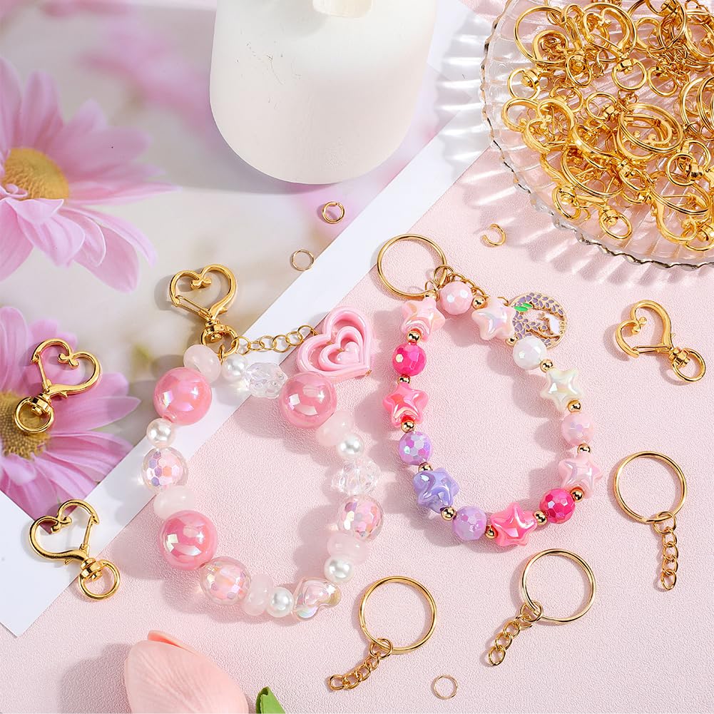 150 Piece Heart Swivel Snap Hook Set - Gold Keychain Clips With Chains & Jump Rings - DIY Jewelry Making Supplies