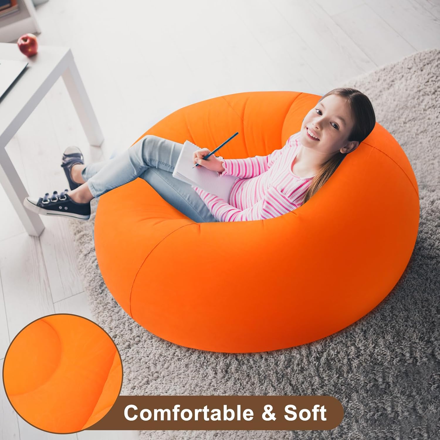 2 Pcs Small Bean Bag Chair Inflatable Chair Blow up Games Chairs Foldable Flocking Inflatable Sofa Portable Inflatable Chair for Living Room Bedroom(Orange, Rose Red)
