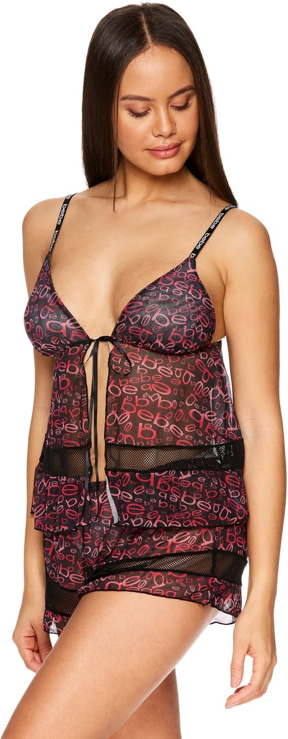 bebe Womens Mesh Cami and Short Lingerie Sleepwear - Lingerie for Women 2 Piece Set