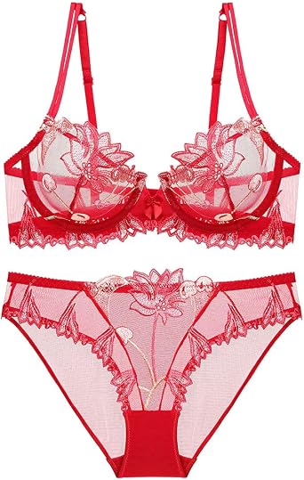 Womens Sexy Soft Lace Lingerie Set See Through Underwear Floral Lace Underwire Sheer Bra and Panty SetBright Red,32C