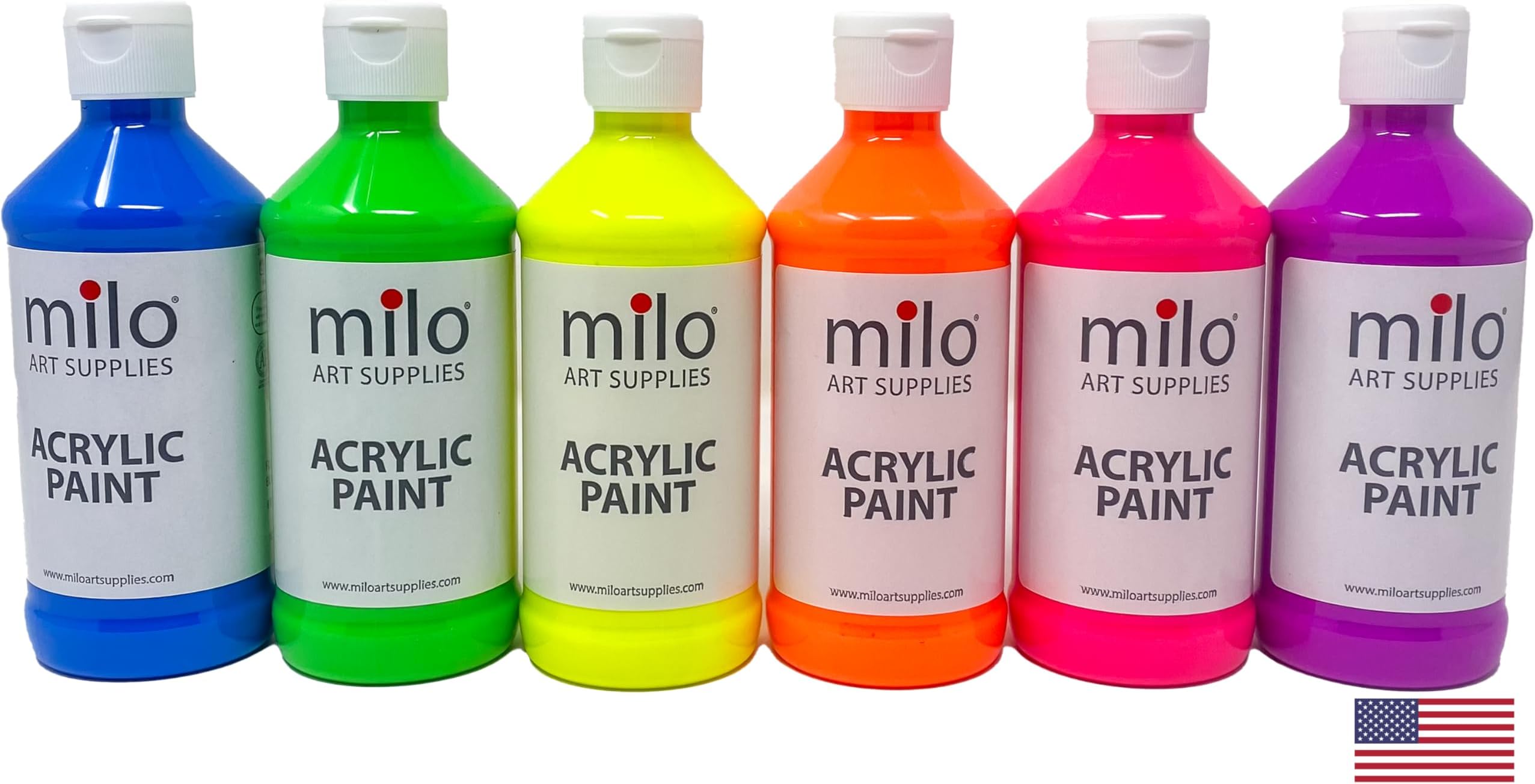milo Fluorescent Acrylic Paint Set of 6 Colors | 8 oz Bottles | Student Neon Colors Acrylics Painting Pack | Glows UV in Black Light | Non-Toxic Arts & Crafts Paints for Artists & Hobby Painters | Made in USA