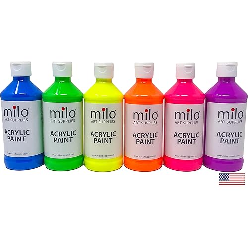 milo Fluorescent Acrylic Paint Set of 6 Colors | 8 oz Bottles | Student Neon Colors Acrylics Painting Pack | Glows UV in Black Light | Non-Toxic Art & Craft Paints for Artists, Kids, & Hobby Painters | Made in USA
