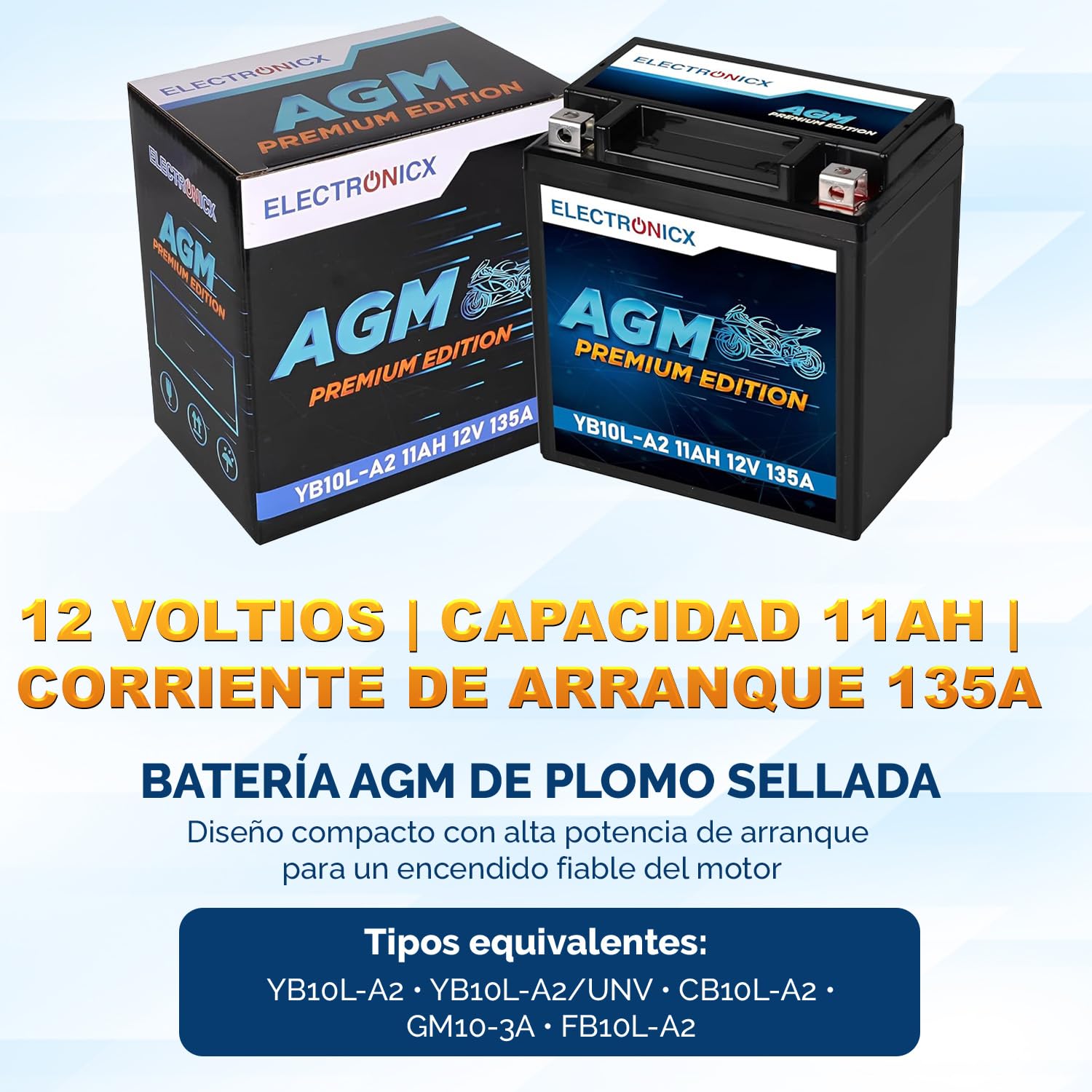 Electronicx batería de moto AGM YB10L-A2 12V 11Ah – batería de arranque sellada sin mantenimiento, tecnología AGM 135A CCA – scooter, quad, ATV – compacta, resistente a vibraciones, lista para usar