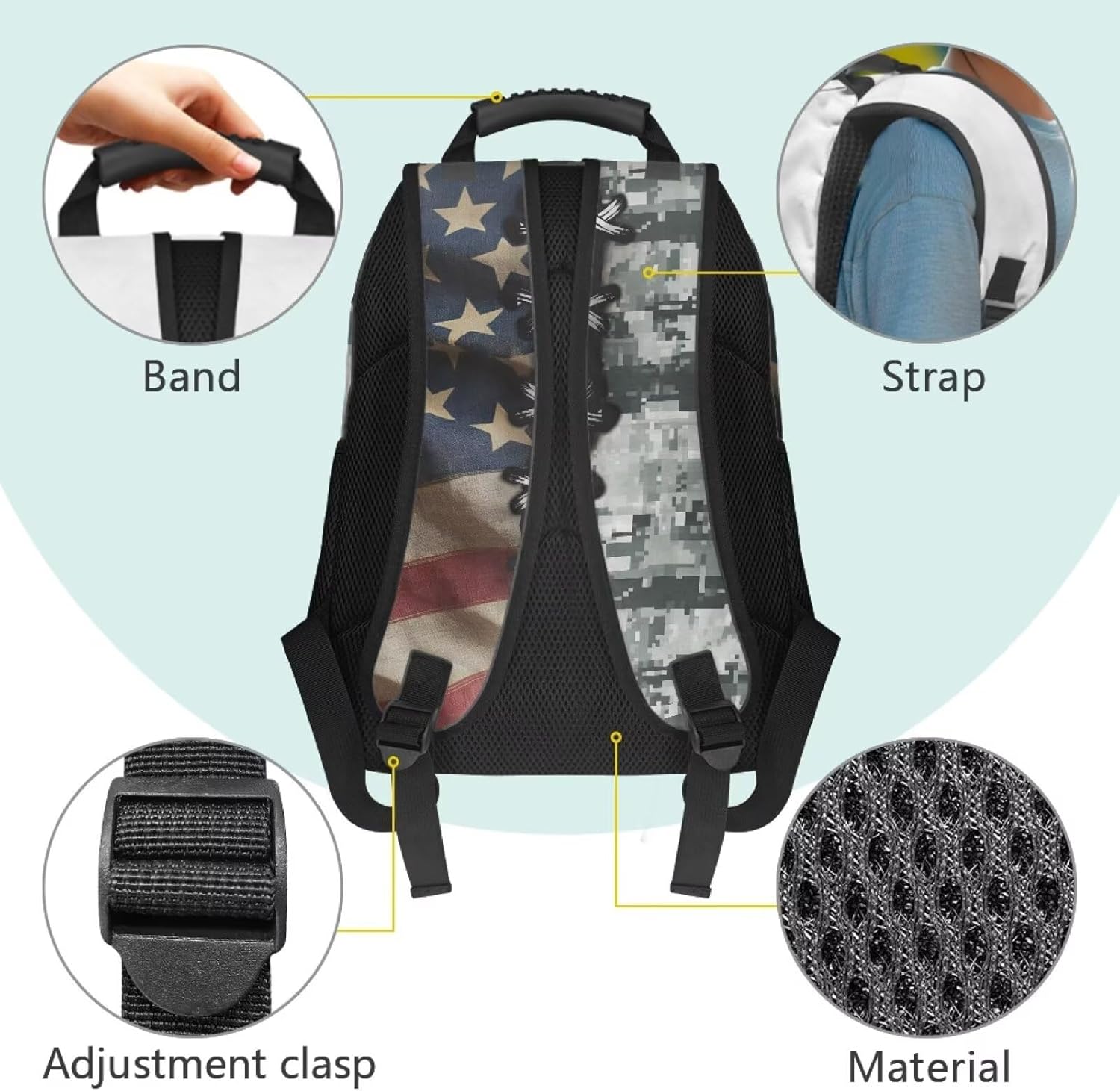 Kids Hunting Backpack Camo American Flag Primary School Bag 17 Inch Bookbag Lightweight Travel Rucksack with Handle Large Capacity Daypack for Boys