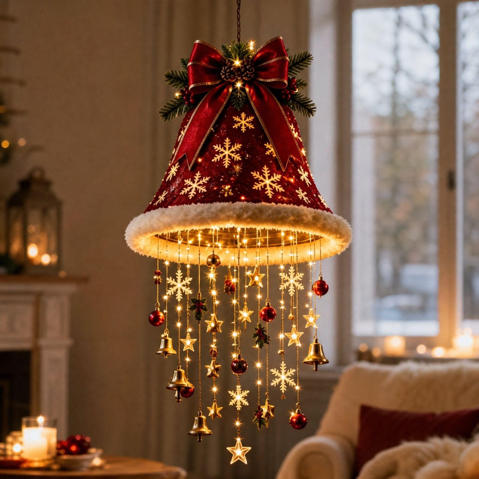 Lighted Santa Hat Hanging Chandelier, Xmas Hanging Lamp (E)