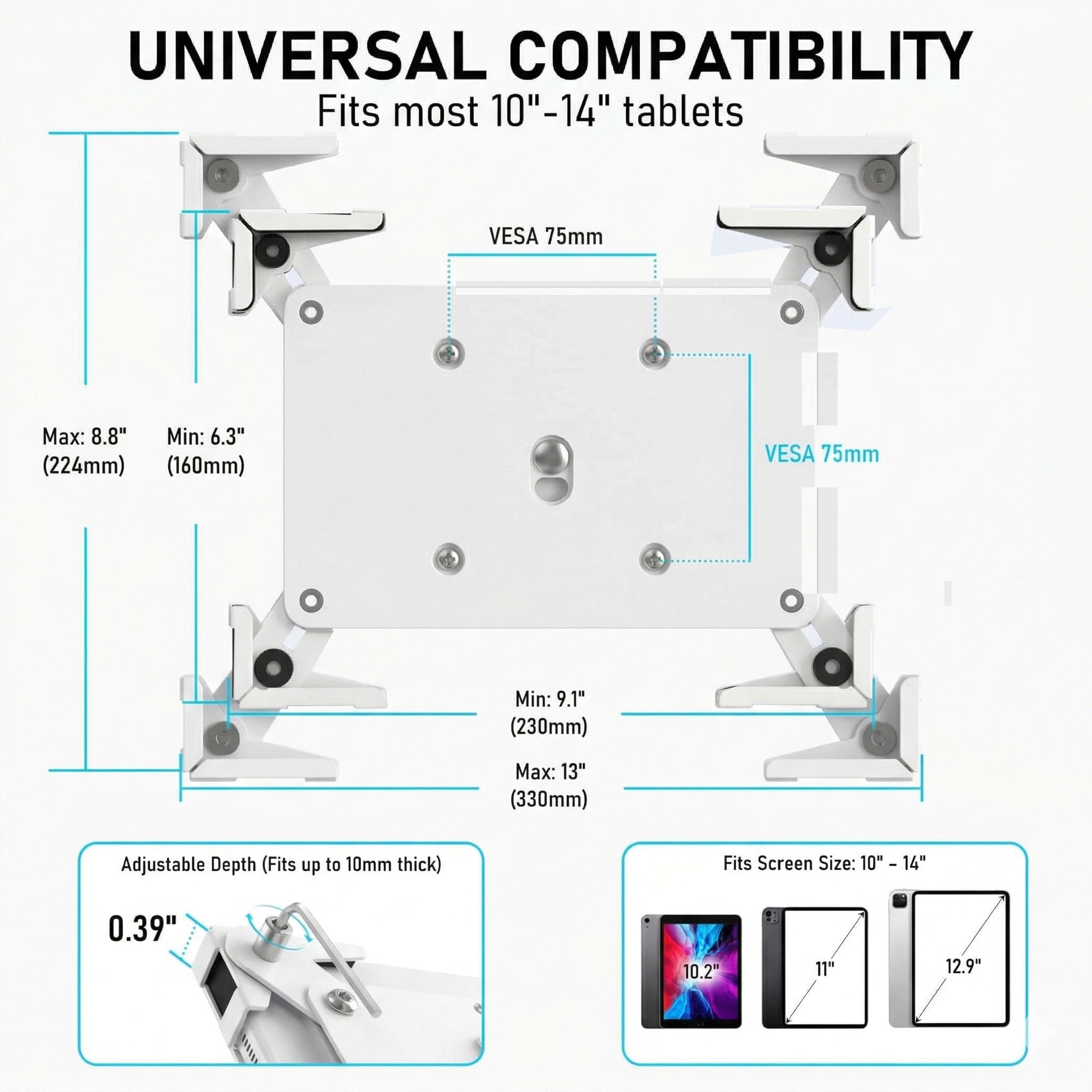 Soporte De Pared Para Tablet, Carcasa De Metal Antirrobo iPad Para Quiosco POS, Smart Home, Soporte VESA 75x75 De Bajo Perfil, Vertical U Horizontal, Para 10-14 Pulgadas Pro Air Galaxy Tab, Blanco