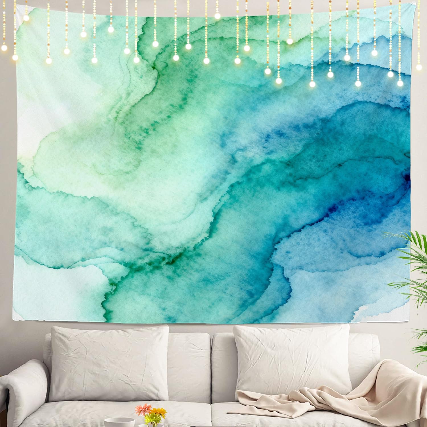 Shrahala Teal Abstract Watercolor Wall Tapestry, Colorful Modern Paint Wall Hanging Large Tapestry Decoration Polyester Fiber White Hem Around for Dorm Room Bedroom 59.1 x 82.7 in