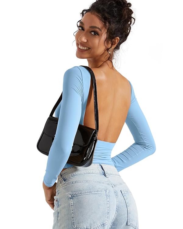 SUUKSESS Women Backless Going Out Tops Double Lined Open Back Basic Long Sleeve T Shirts (Sky Blue, L) by SUUKSESS - Image 5