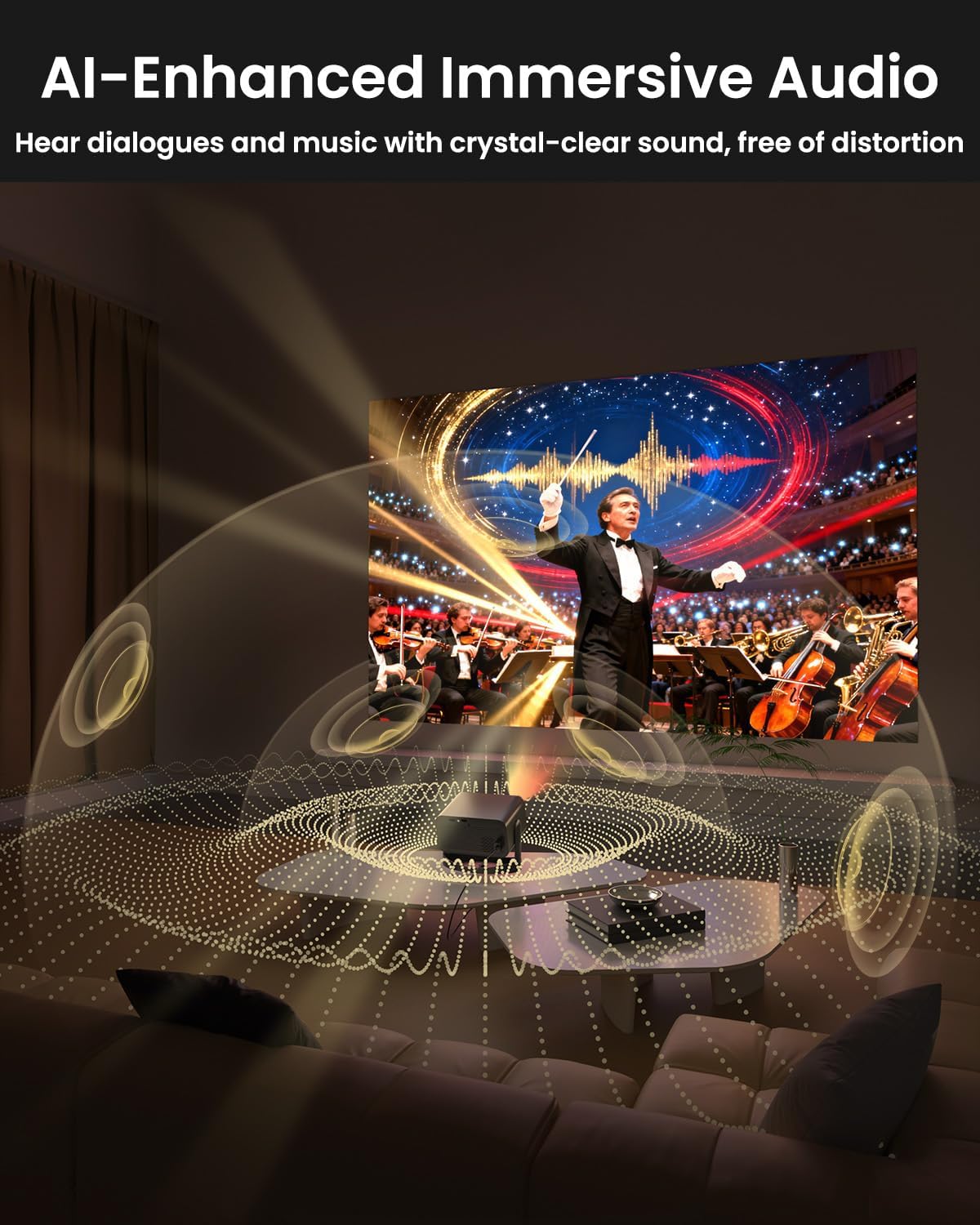 UCOCARE Mini Portable Projector V18 demonstrating AI-enhanced immersive audio with sound waves filling a room during a projected orchestra performance.