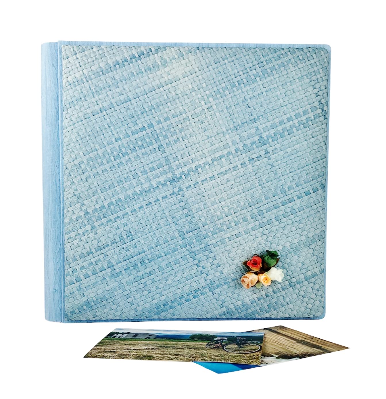 TriVin Art Álbum de fotos artesanal fabricado en Italia en imitación de piel fina y panel de canasta varios colores. (30 x 30 cm, 40 hojas de marfil) apto para cualquier evento (celeste, canasta