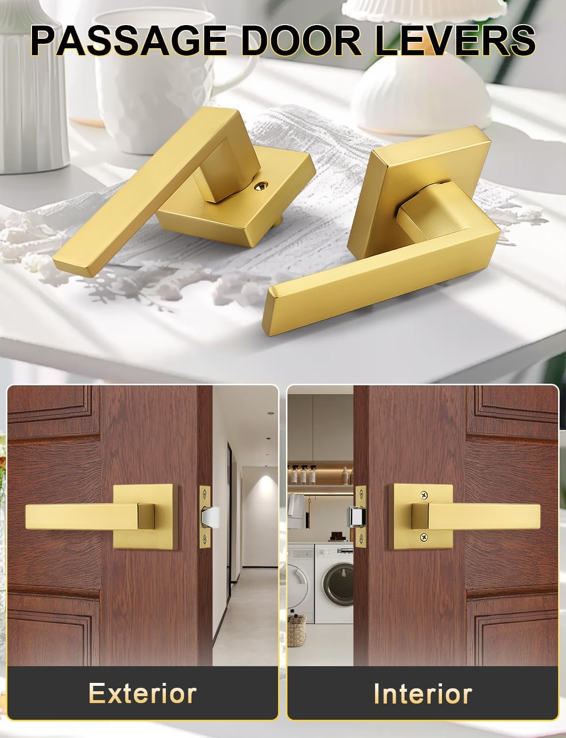 Tinewa 10 Pack Gold Keyless Square Levers Handles, Satin Brass Finish, Interior Passage Door Locksets for Hall Closet Door Knobs Lock Reversible Right & Left Handed