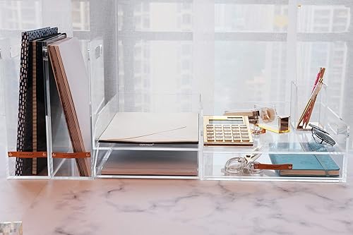 Miniatura 7 de Paquete de 2 bandejas apilables de papel acrílico transparente, organizador de archivos de escritorio, soporte de papel A4, bandeja para cartas