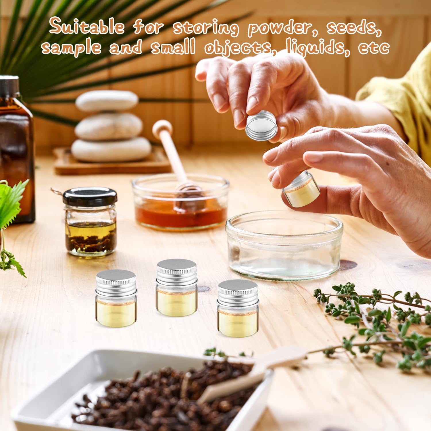 50 Pcs Small Glass Bottles Empty Sample Vials Container Clear Wish Bottle Tiny Jars with Silver Aluminum Lid for Liquid DIY Crafts Party Favors - 10ml/0.34oz