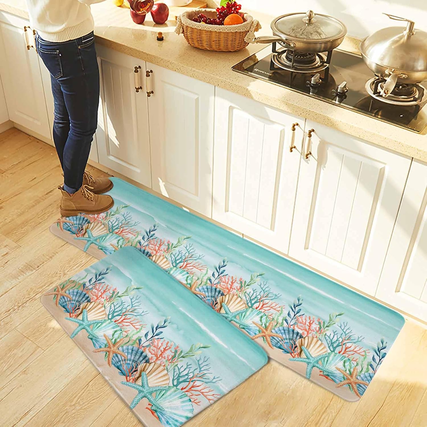 Coastal Beach Kitchen Rugs and Mats Set of 2, Non-Slip Kitchen Sink Mat, Ocean Wave Summer Sea Starfish Coral Teal Beige Washable Doormat Bathroom Rugs Runner for Bedroom 19.7"x31.5"+19.7"x63"