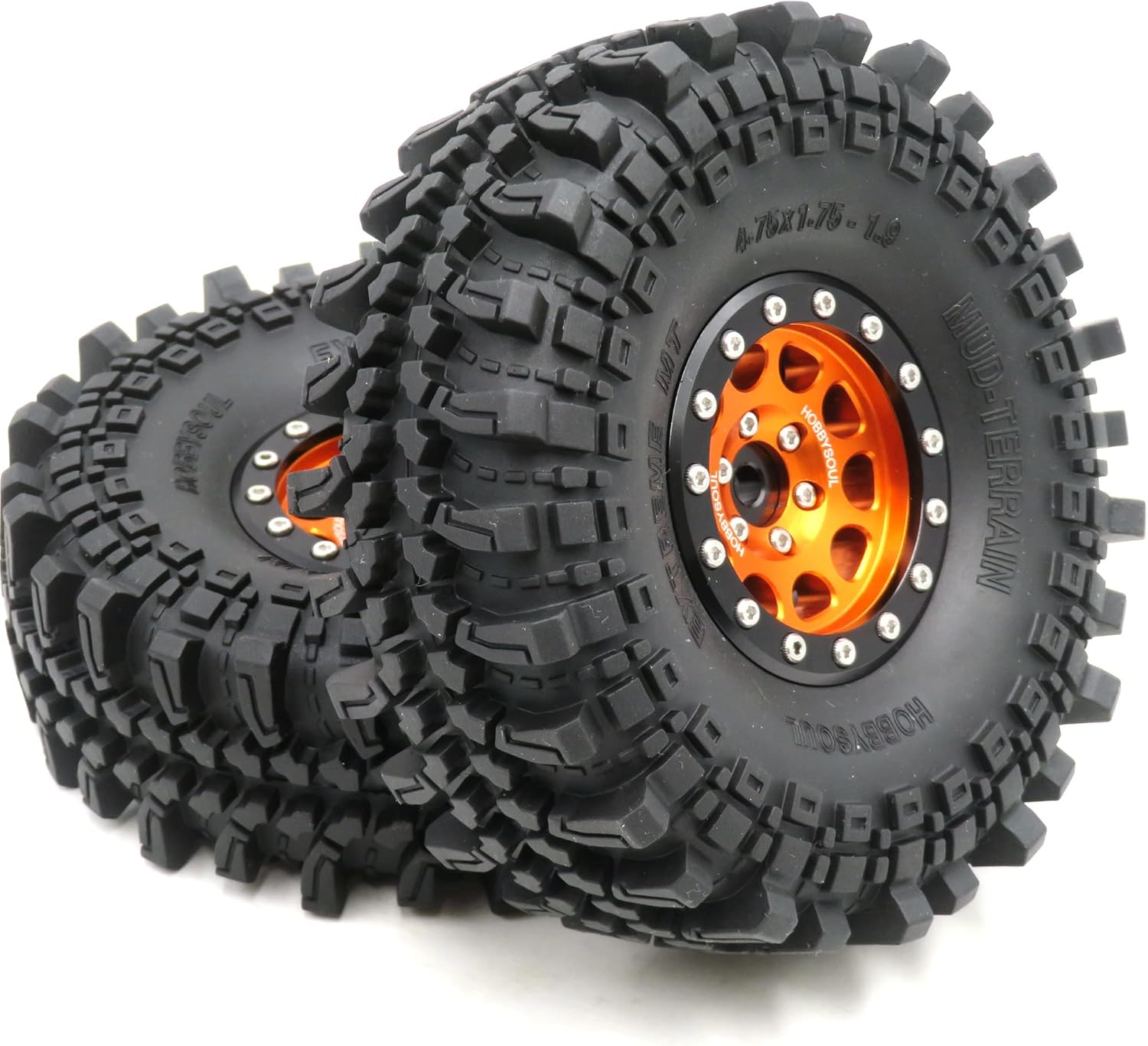 HOBBYSOUL 4pcs RC 1.9 Mud Terrain Tires Super Grip Soft Crawler Truck Tyre 121mm/4.75inch & Aluminium 1.9 Beadlock Wheel Rim Hex 12mm Orange/Black Color, (pre-Mounted)