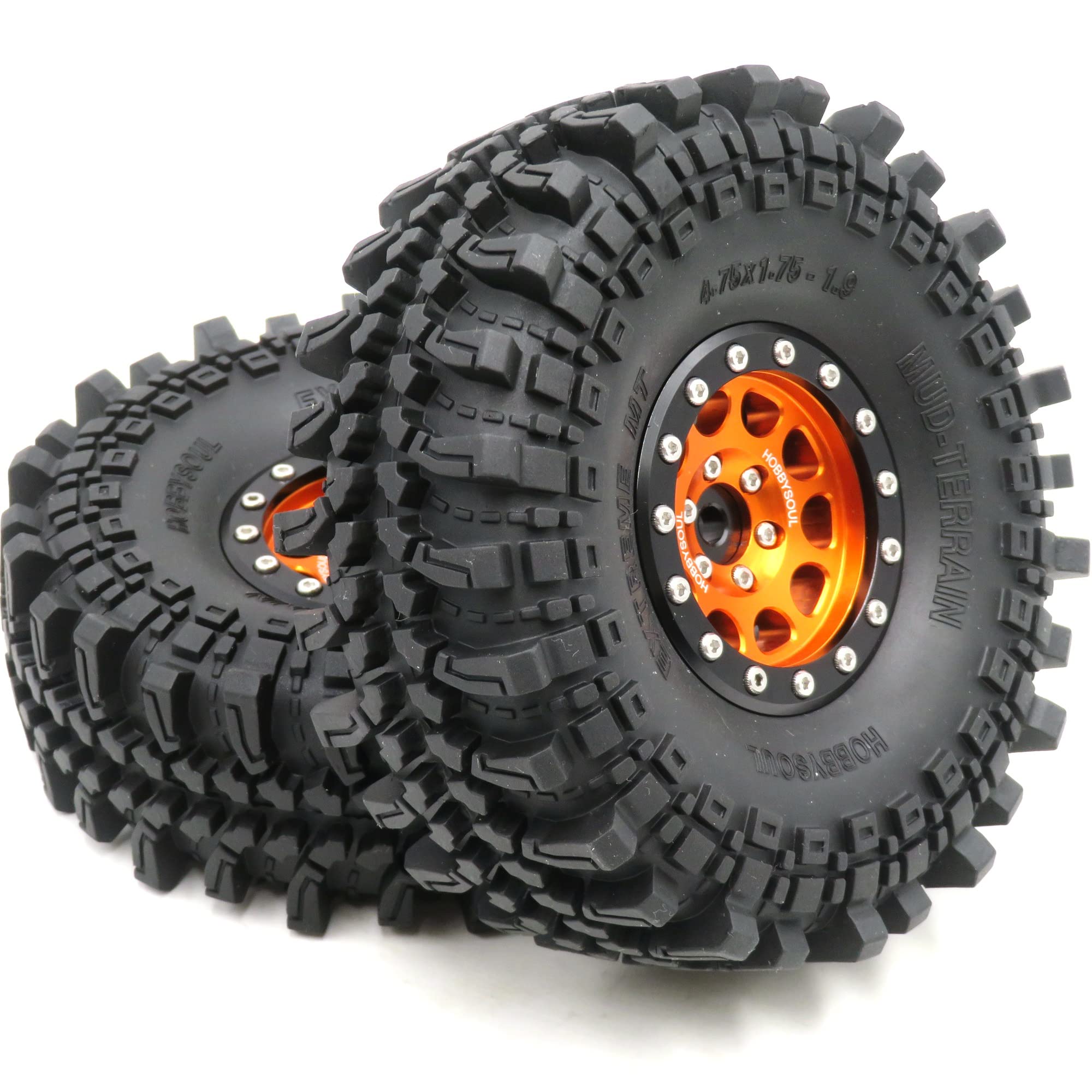 HOBBYSOUL 4 Stück RC 1,9 Schlamm Geländereifen Super Grip Soft Crawler LKW Reifen 121mm/4,75 Zoll & Aluminium 1,9 Beadlock Radfelge Sechskant 12mm Orange/Schwarz, (vormontiert)