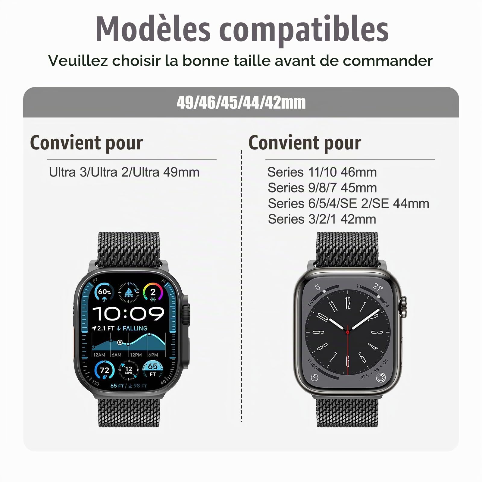 Milanais Bracelet en Titane pour Apple Watch Ultra 4/3/2/1 49mm 46mm 45mm 44mm 42mm(Series 3 2 1), Boucle de Type Parachute, Bracelets en Titane pour iWatch SE3/SE2 Series 12 11 10 9 8 7 6 5 4 3 2 1