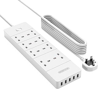Multi Plug 3m Extension Lead with 1700J Surge Protection, Wall Mountable NTONPOWER 8 Gang Plug Board with 5 USB Slots Switched 13amp Fused UK Extender- White