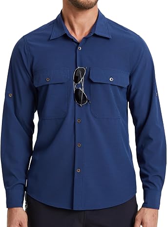 HISDERN 571 Men Long Sleeve Button Down Work Shirts,UPF 50+ UV Protection Sun Shirt Quick Drying Fishing Safari Lightweight