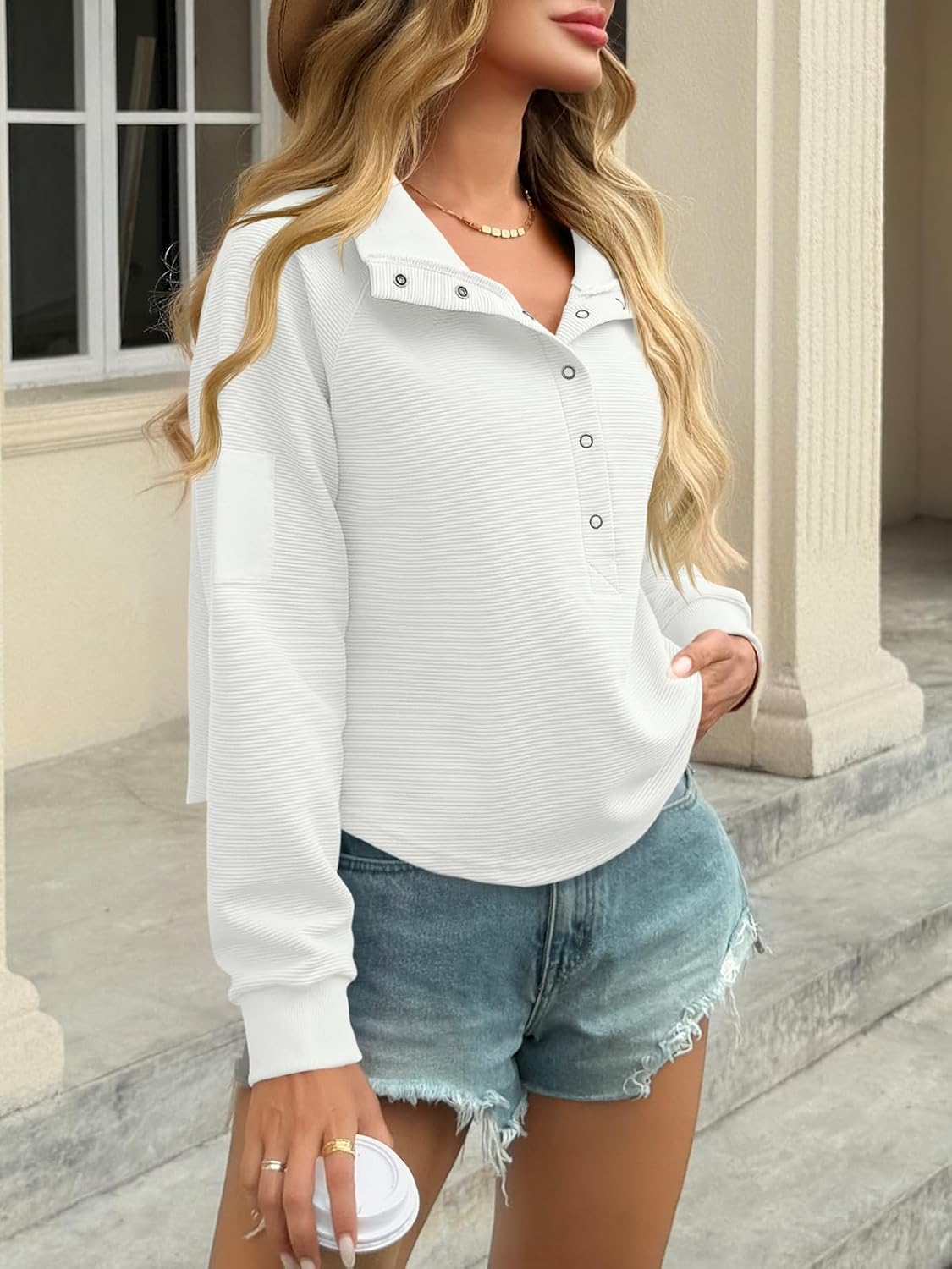 Fisoew Womens Cropped Sweatshirts Casual Henley Neck Snap Button Long Sleeve Ribbed Loose Fit Fall Crop Tops - Image 4