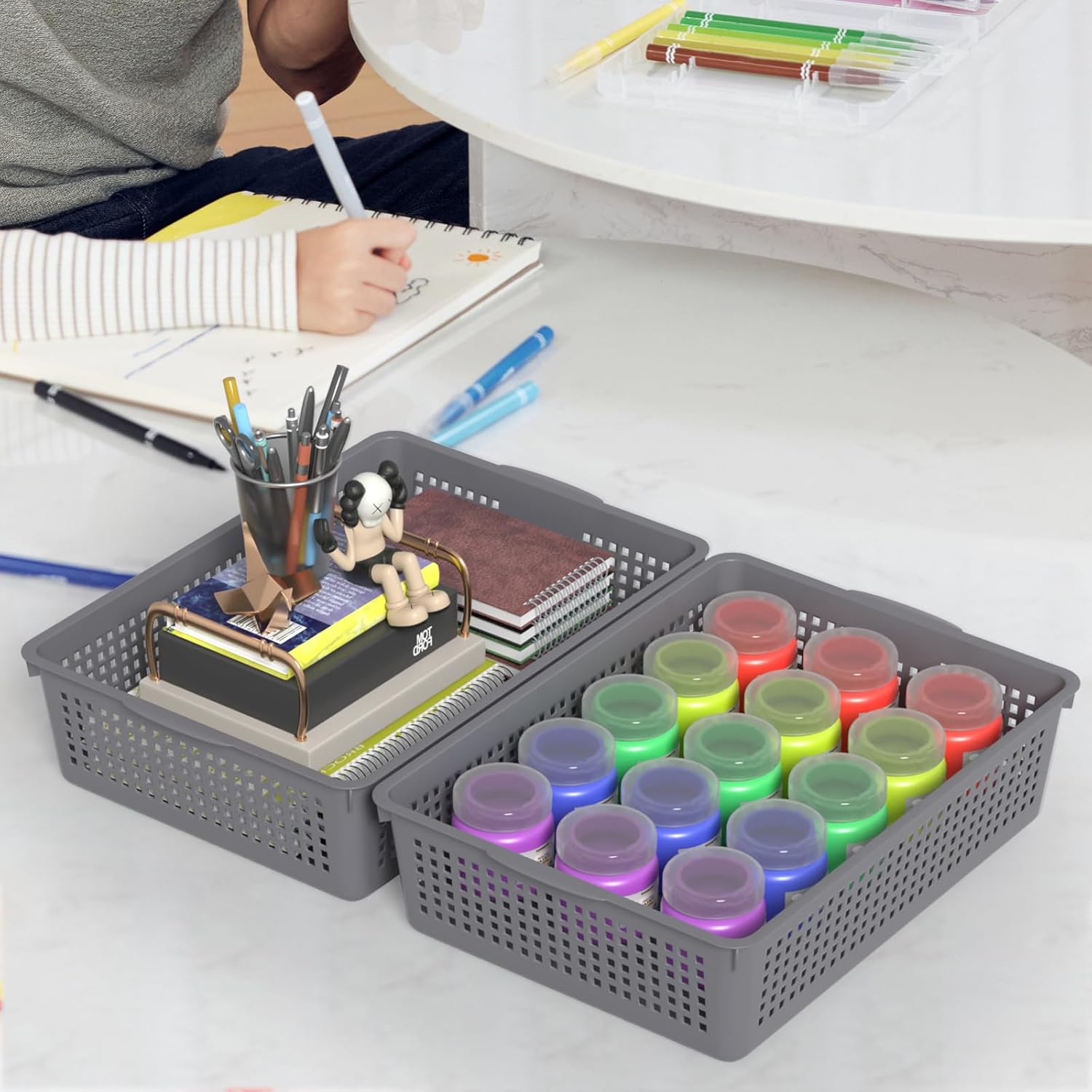 A4 Size Plastic Basket, Desktop File Storage Organization Tray, Set of 6 (Grey)