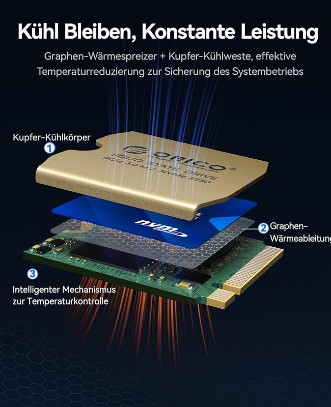 ORICO 256GB 2230 M.2 NVMe SSD - PCIe 3.0 x4 3600MB/s Olvasási Sebesség - Réz Hűtőbordás SSD Steam Deck, Surface Pro 9 és Mini PC Kompatibili