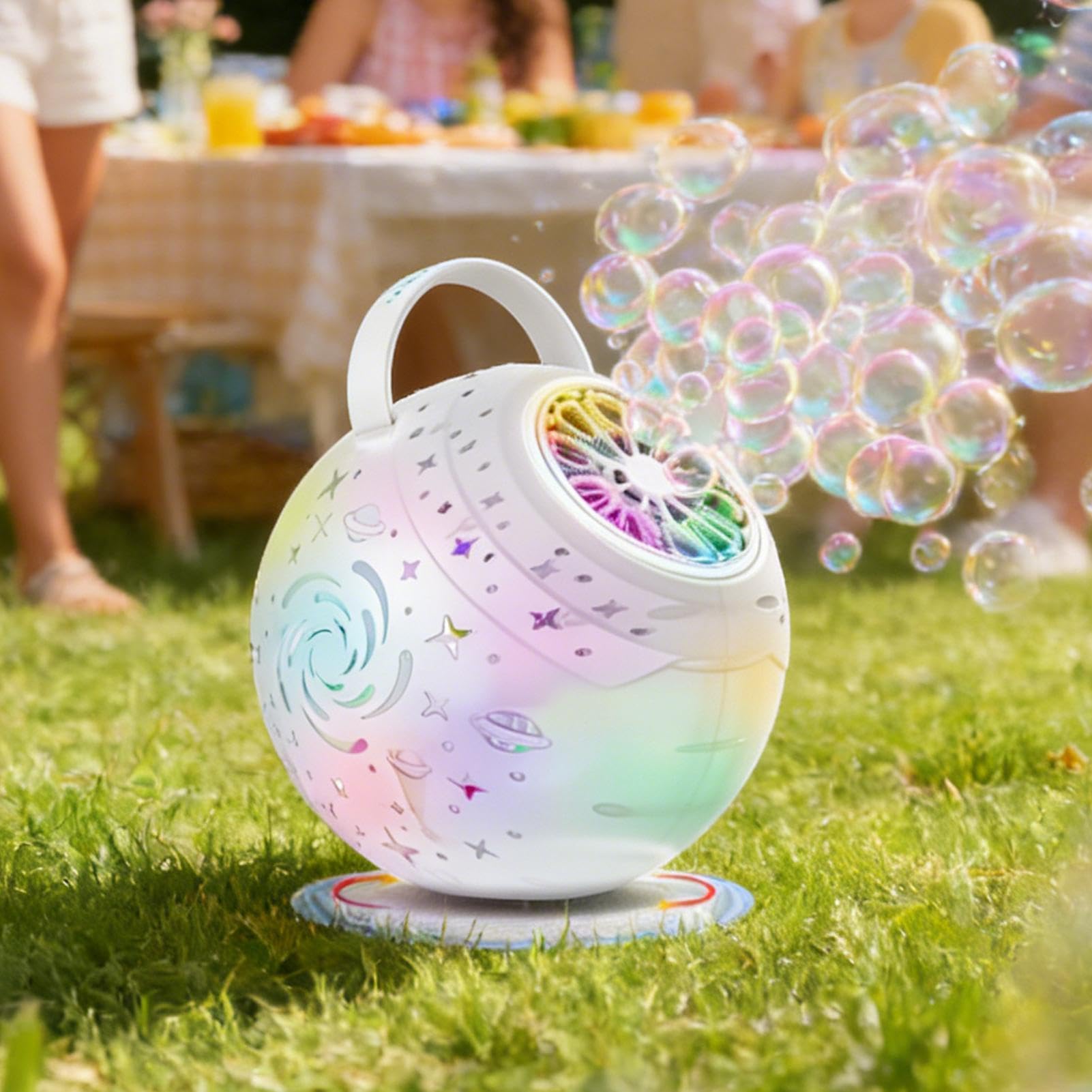 Seifenblasenmaschine Wiederaufladbare 360-Grad-Automatik mit Lichteffekten | 10 Löcher, wiederaufladbar für Hochzeit, Geburtstag, Garten, drinnen und draußen, Kinder