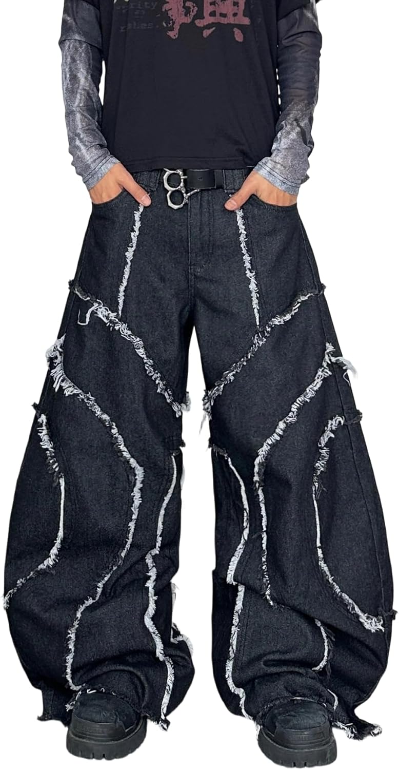 Men's Hip Hop Baggy Jeans Wide Leg Skater Jeans Vintage Loose Fit Denim Pants Streetwear Rock