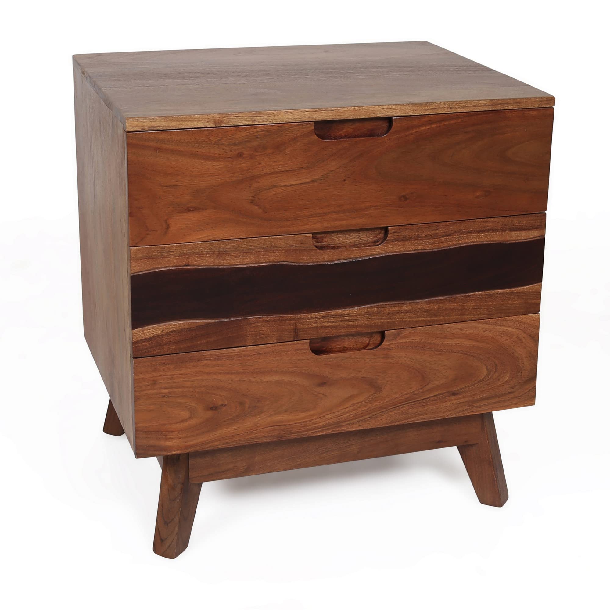 Benjara 23 Inch Nightstand Side Table, Live Edge Acacia Wood, 3 Drawers, Brown