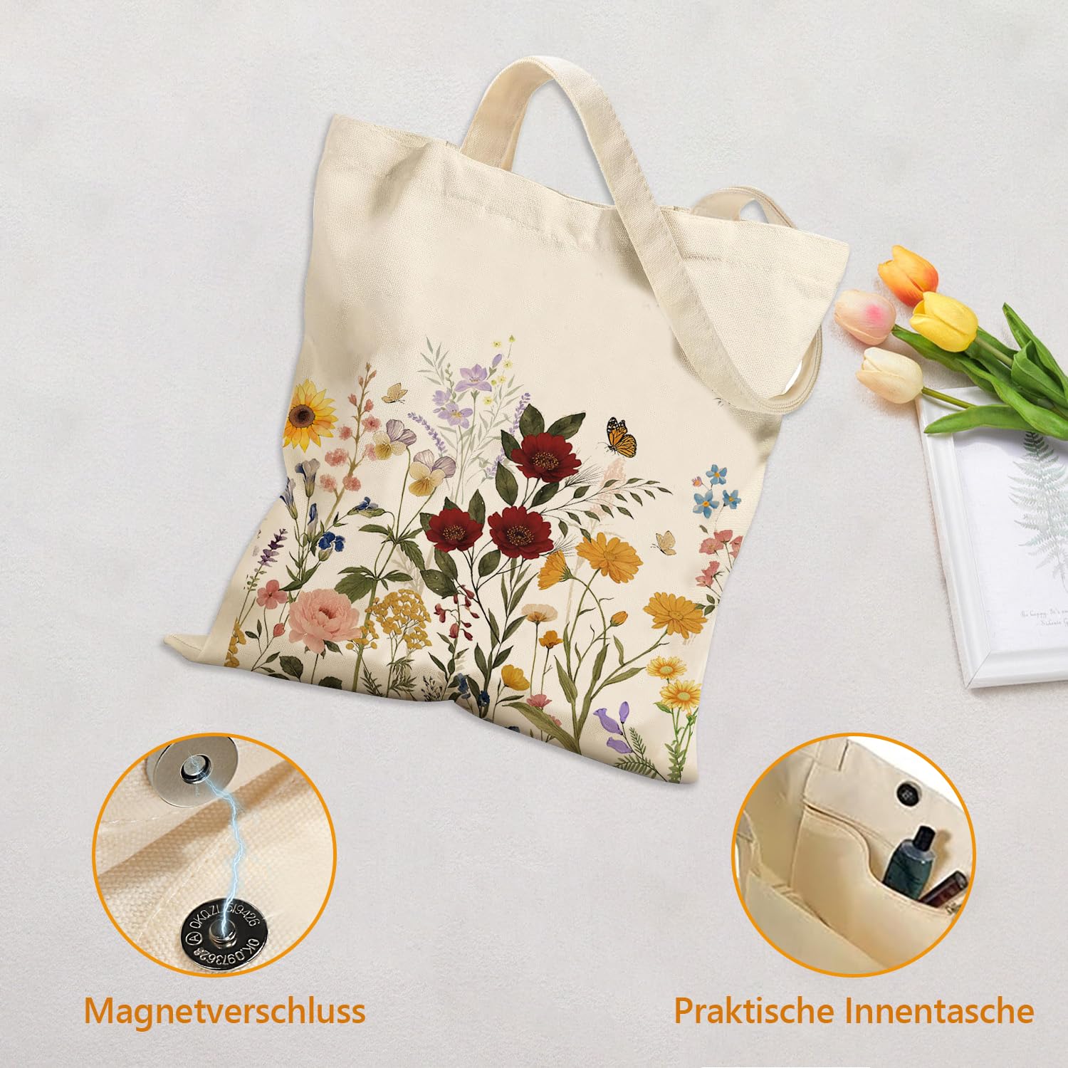 Ästhetische Tragetasche, Elegant Einkaufstasche Bag, Canvas Tragetasche Mit Magnetverschluss Und Innenfach, Leichte Shopper Für Damen, Strandtasche, Einkaufen, Arbeit