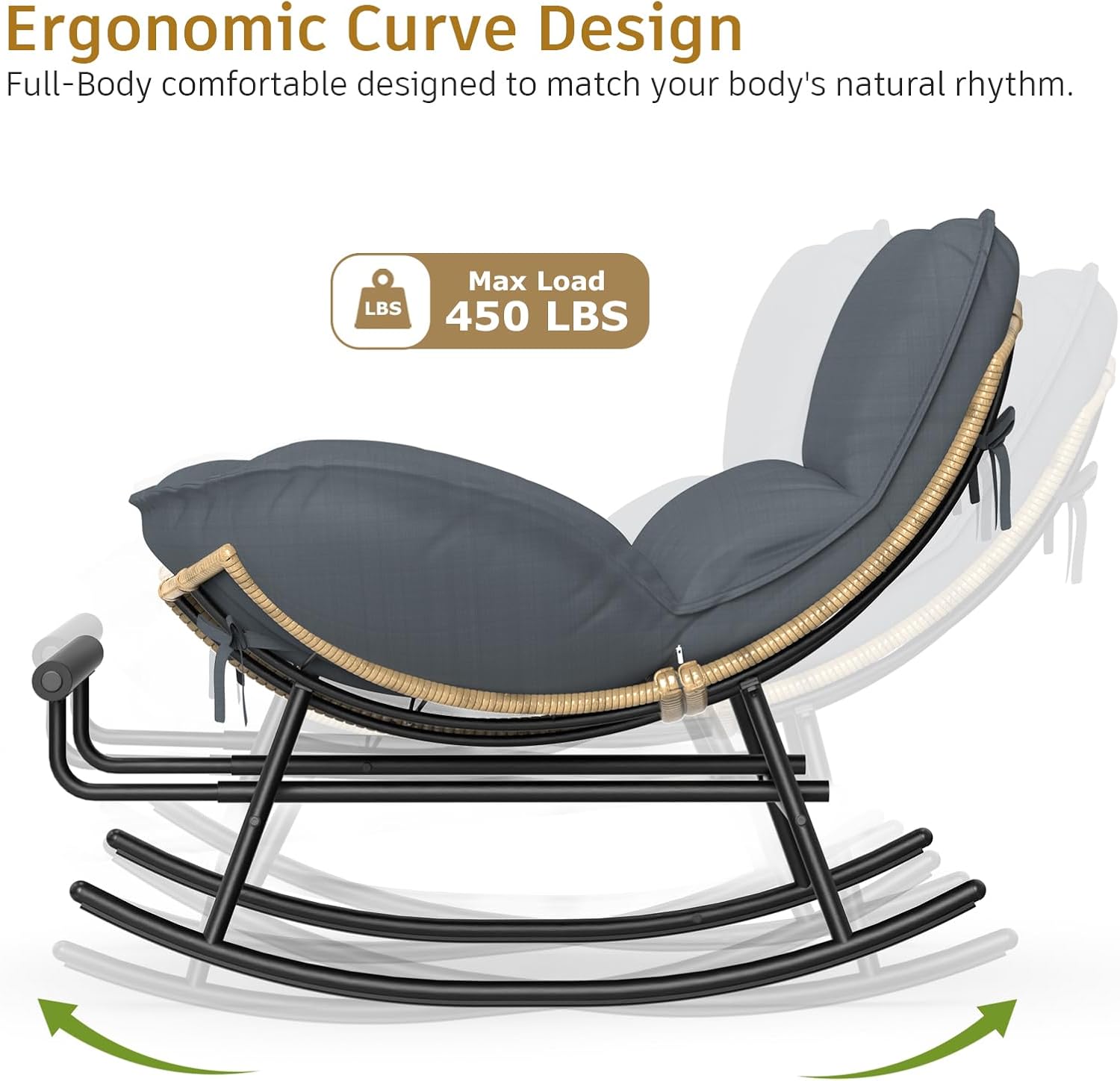 ZENPETIO Outdoor Rocking Chair - Oversized Metal Frame Papasan Rocking Chair with All Weather PE Wicker Rattan Rocker and Footrest for Patio, Balcony, Porch, Lawn and Living Room - Grey