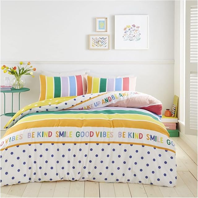 Lions Rainbow Striped Duvet Cover King Size - Soft Poly Cotton Reversible Printed Bedding with Matching Pillowcase, 3 Piece King Size Bed Quilt Covers King Size For Girls (230x220cm)