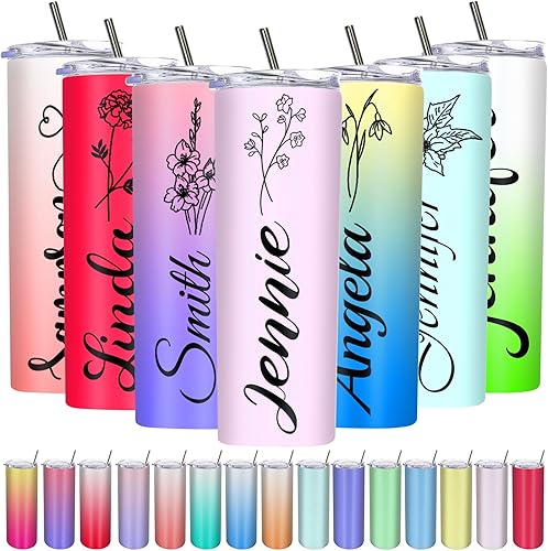 Regalos de cumpleaños, vasos personalizados con nombres, pajitas de flores de nacimiento, vasos delgados personalizados de acero inoxidable, taza