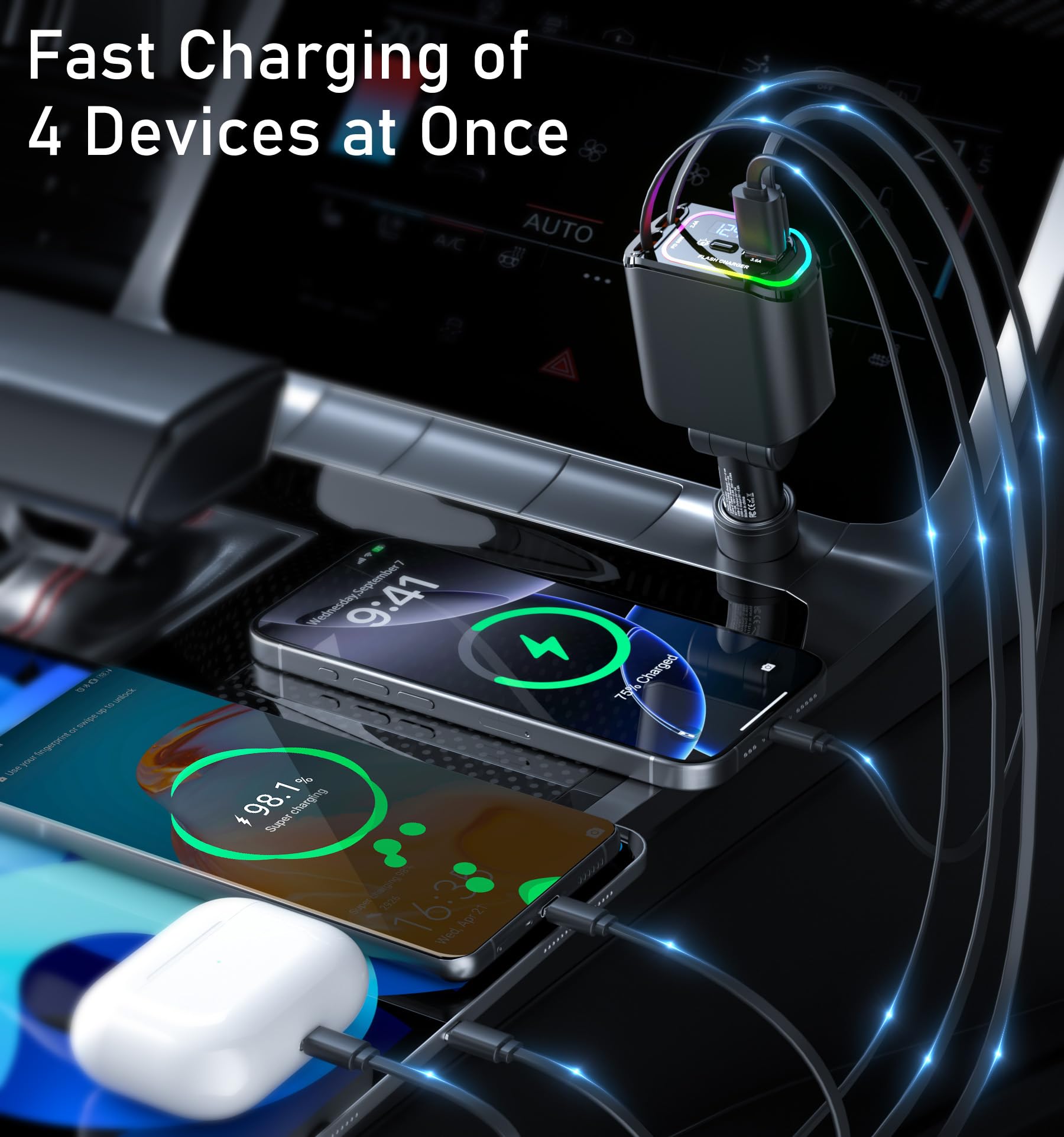 Compact Retractable Car Charger USB C 100W 4 in 1 Fast Charging Car Accessories Car Phone Charger with Retractable Cord(35.5in) and RGB Light for iPhone 16 15 14 13 12 11 Samsung Android Laptops