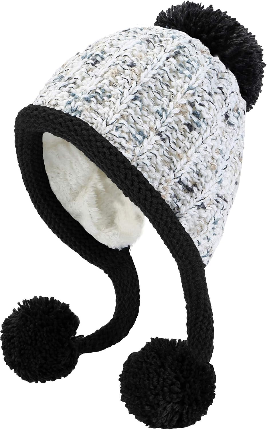 Women Winter Peruvian Cover Ears Beanie Hat Ear Flaps Sherpa Ski Snow Hats Knit Fleece Lined 3 Pom Pom
