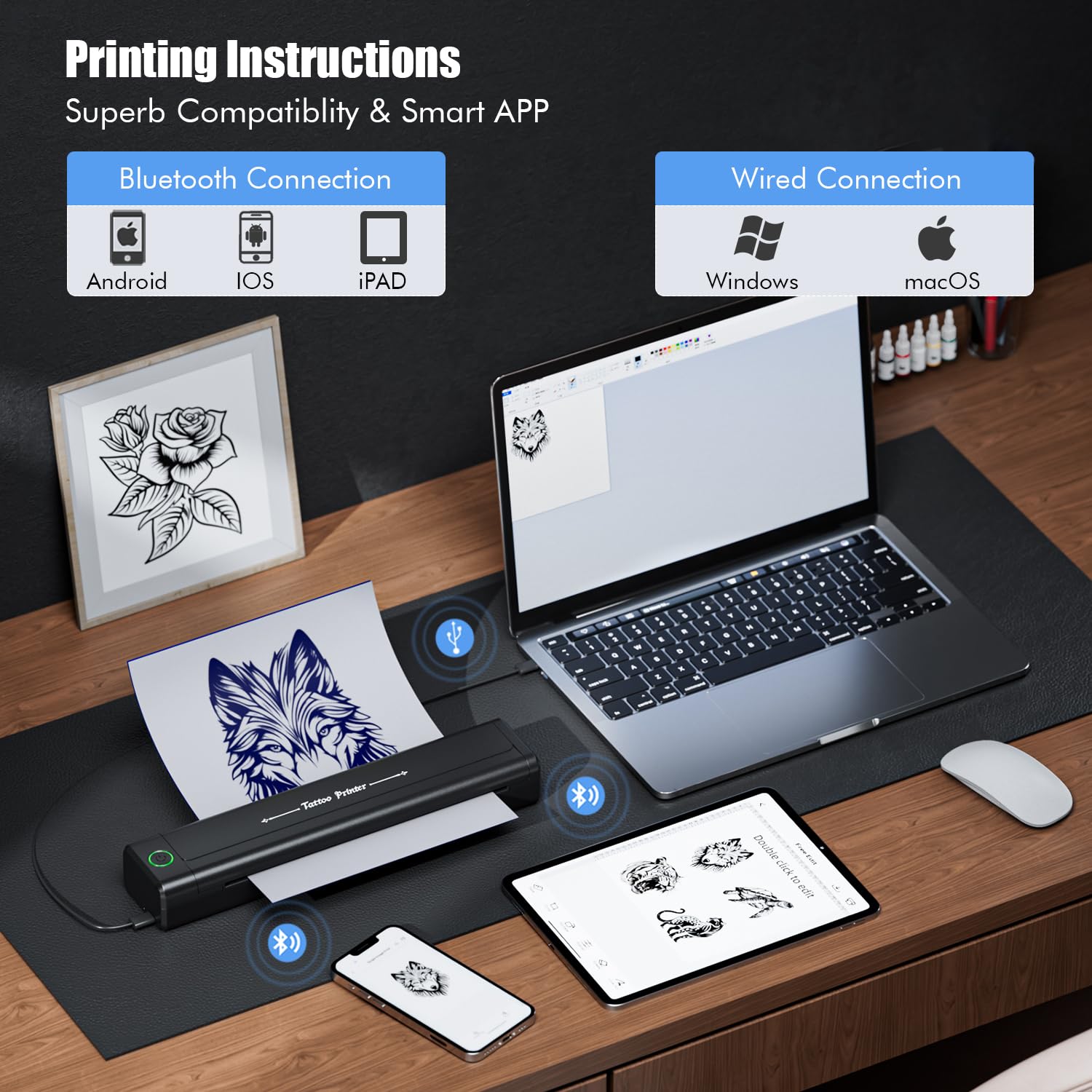 TATELF Termocopiadora Tattoo Bluetooth, Impresora Térmica para Tatuajes con 10 Hojas de Papel, Kit Completo para Artistas y Principiantes, Alta Precisión y Uso Fácil