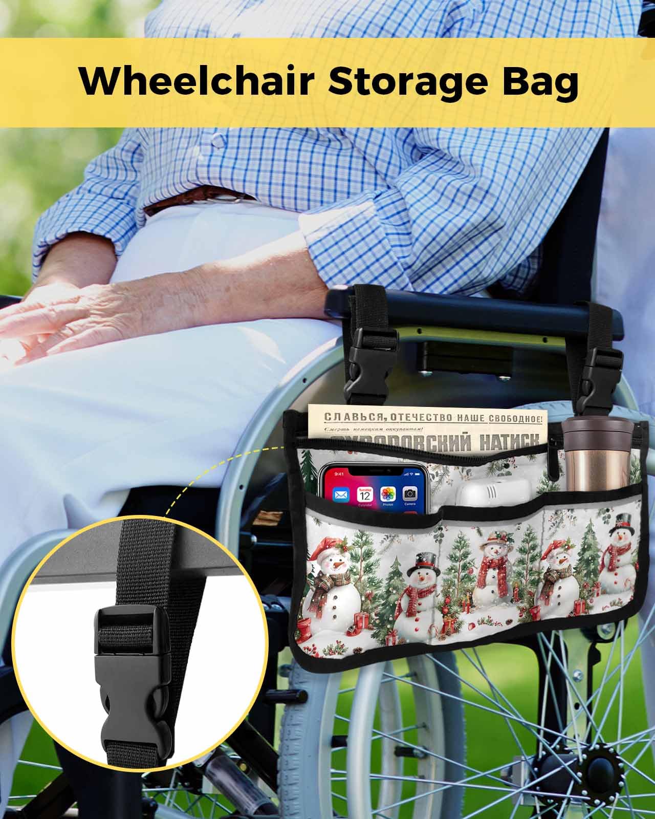 Anzona Christmas Poinsettia Wheelchair Side Bag Walker Bag, Rustic Snowman Xmas Tree Botanical Wheelchair Accessories Armrest Pouch, Organizer Storage Bag for Walkers, Rollators, Scooters, 7.3''x13''