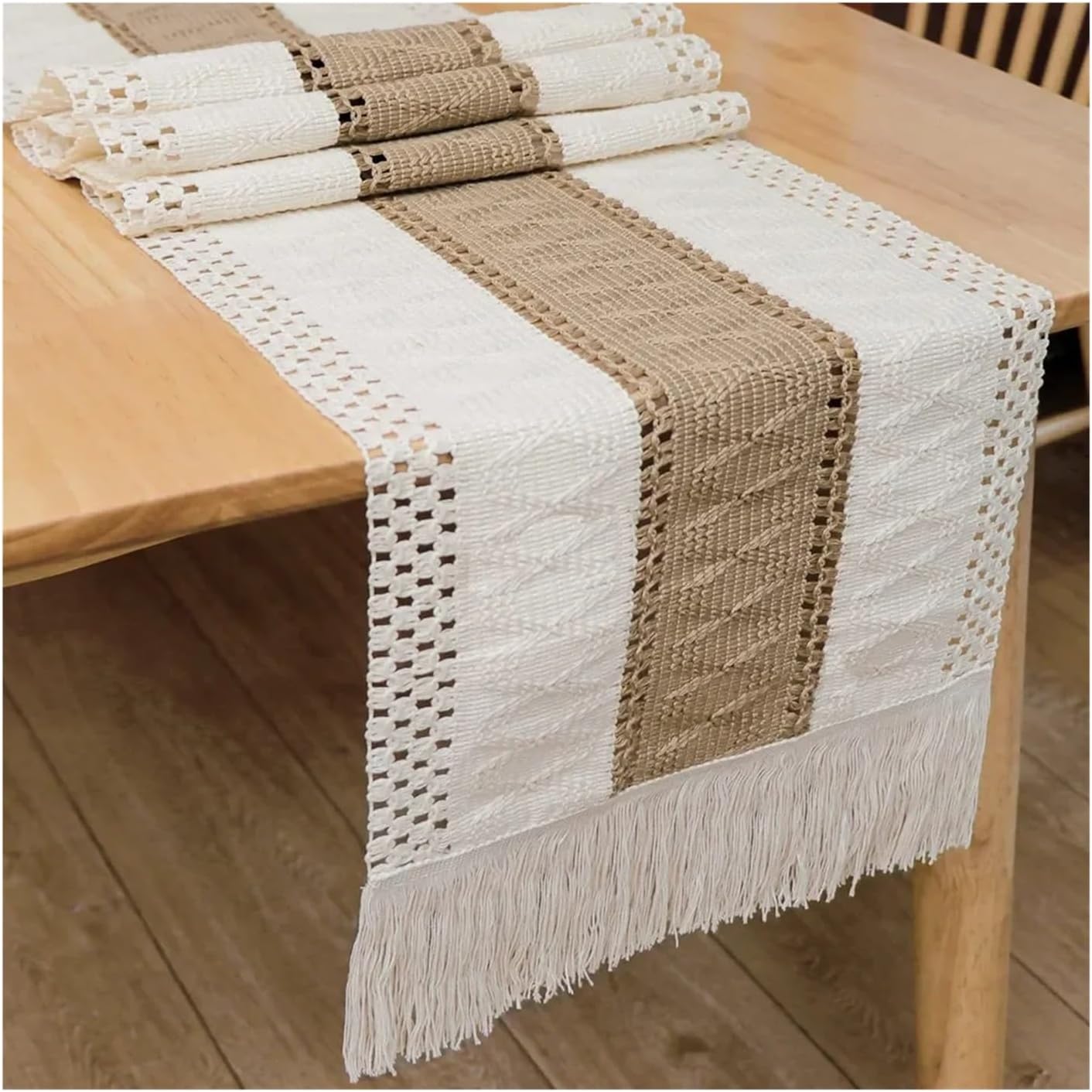 Burlap Table Runners Boho Farmhouse Linen Table Runner–Rustic Macrame with Tassels, Burlap & Cotton Blend for Home Decor and Holiday Events(30x220cm)
