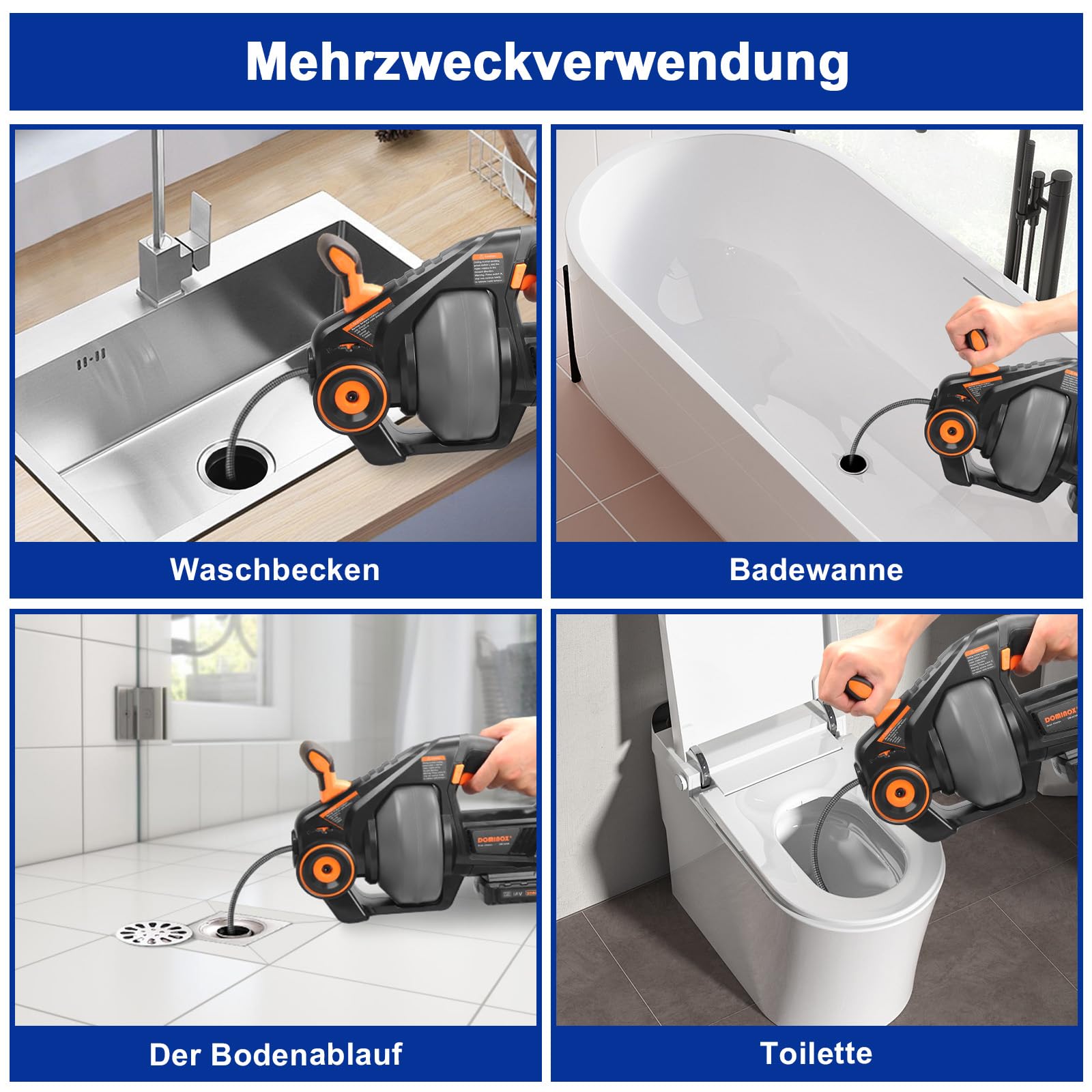 18V Akku-Rohrreiniger mit 7,6m Reinigungsspirale, Abflussreiniger Spirale für 18-65mm Rohrverstopfungen (Kommt mit Batterie und Ladegerät bei Lieferung)