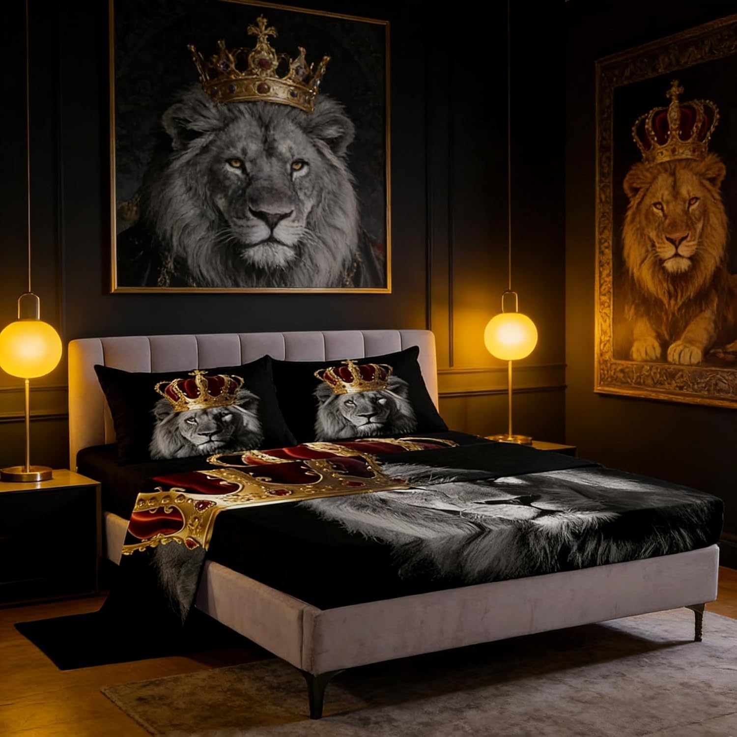 Wild Lion Bed Sheet Set King Size,Golden King Crown 3D Wildlife Deep Pocket Fitted Sheet,1 Flat,2 Pillowcases,African Tropical Animal Print Black Bed Mattress Cover, Bedroom Decor