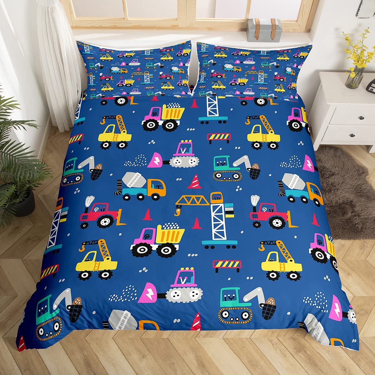Loussiesd Cartoon Construction Bedding Set Kids Excavator Duvet Cover for Kids Boys Vehicles Comforter Cover Tractor Blue Duvet Cover Single Size
