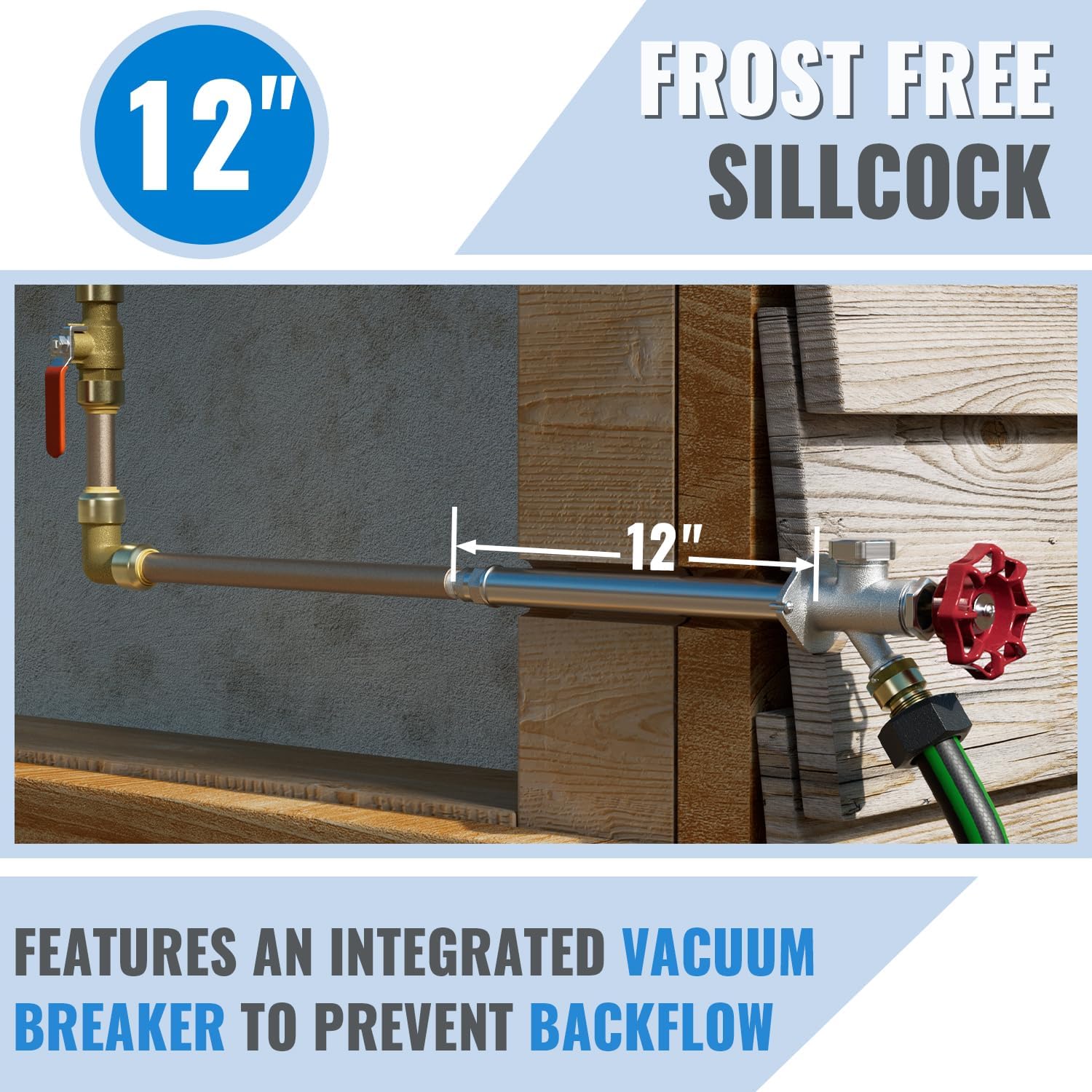 SUNGATOR 12 Inch Frost Free Sillcock, Anti-Siphon Outdoor Hose Valve, 1/2" MIP x 3/4" GHT Hose Bibb, No Lead Brass Garden Faucet/Spigot, MIP End for Both Pushfit and Threaded Connection