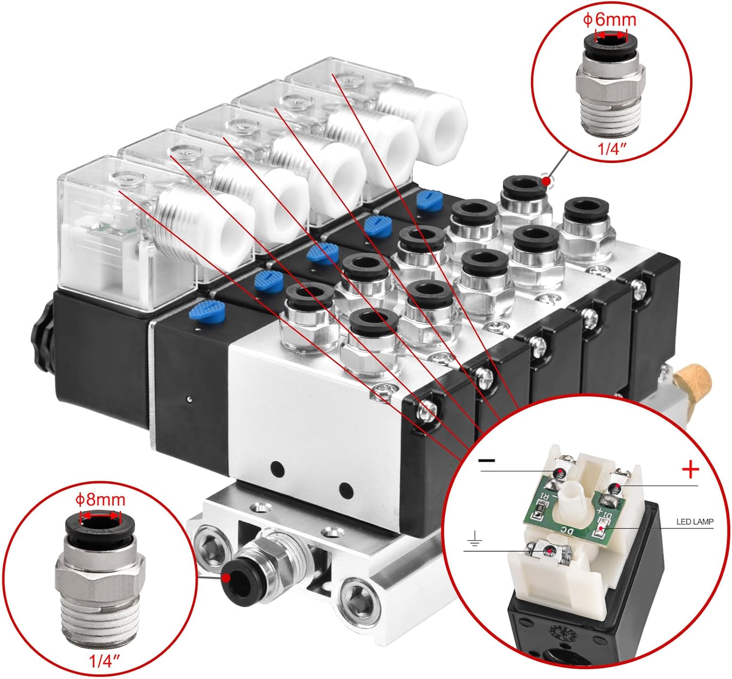 Heschen Electrical Pneumatic 5 Solenoid Valve 4V210-08, PT1/4'' Port, DC24V Coil, Single Coil Pilot-Operated Electric, 2 Position 5 Way, Manifold Base Muffler Quick Fittings Set